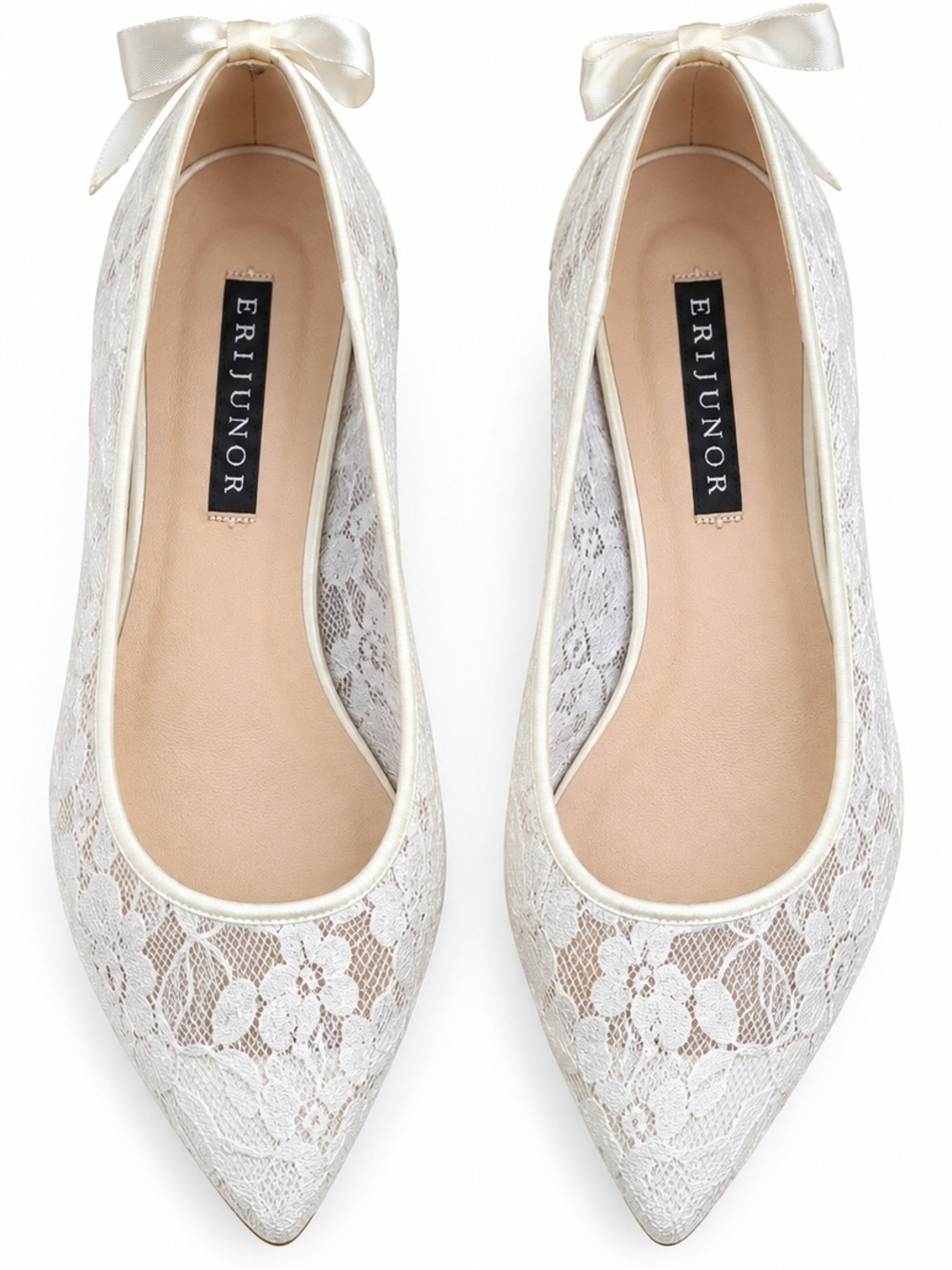 ERIJUNOR Ivory Lace Bridal Flats Pointed Toe Bow Wedding Shoes Size 7